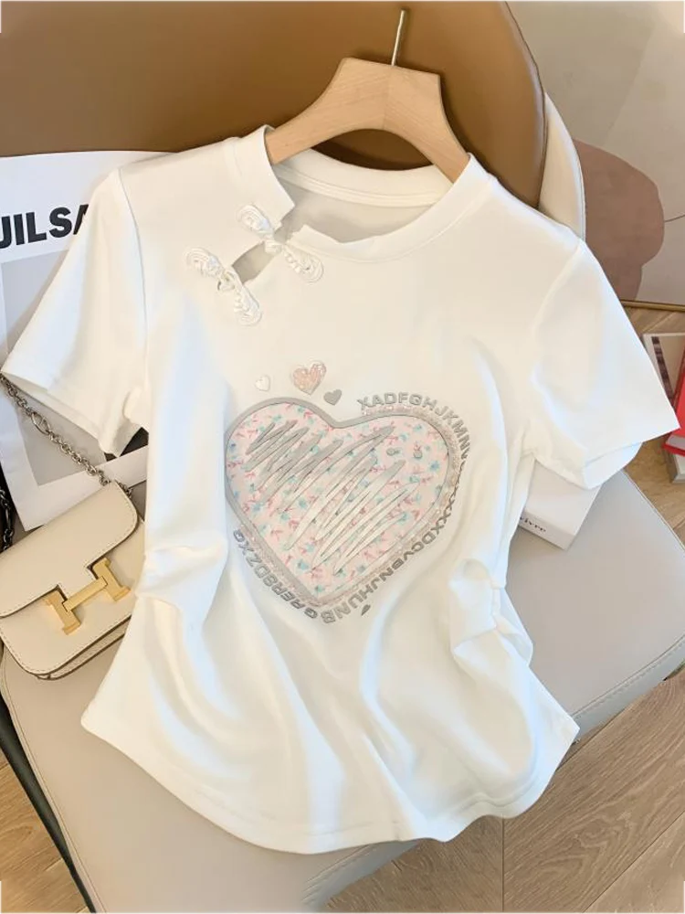 

Новая китайская футболка из чистого хлопка с коротким рукавом, вышивкой и пуговицами, повседневная, универсальная, модная, женская летняя блузка