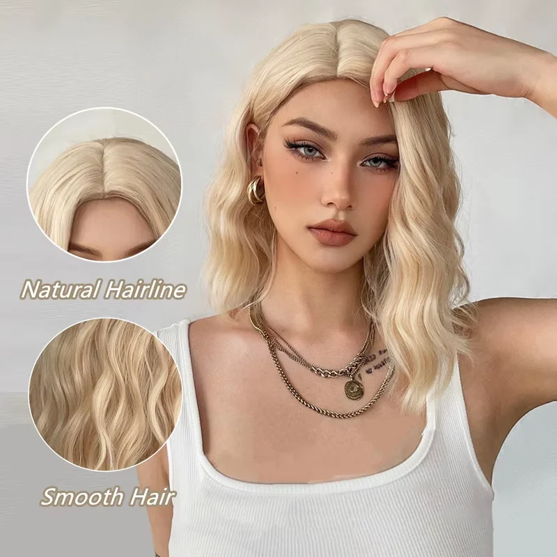 Platinum Blonde Natural Wavy Synthetic Women Wigs Long Bob Middle Part Everyday
