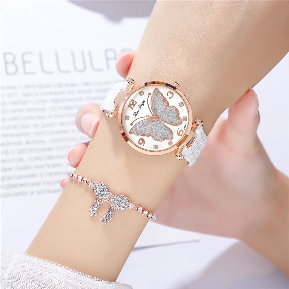 New Butterfly Watch For Women Pink Leather Strap Rhinestone Ladies Wristwatch Casual Luxury Quartz Female Watches montre femme