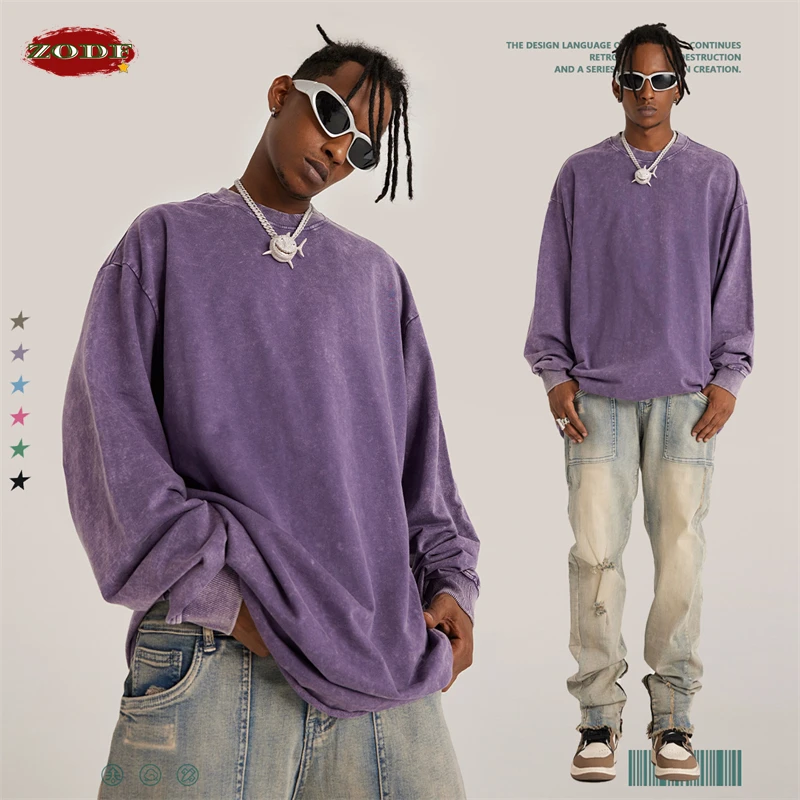 ZODF Retro 260gsm Washed Terry Cotton Long Sleeve T-Shirts For Men Unisex Oversized Loose Edge T Shirt Brand Streetwears HY0454