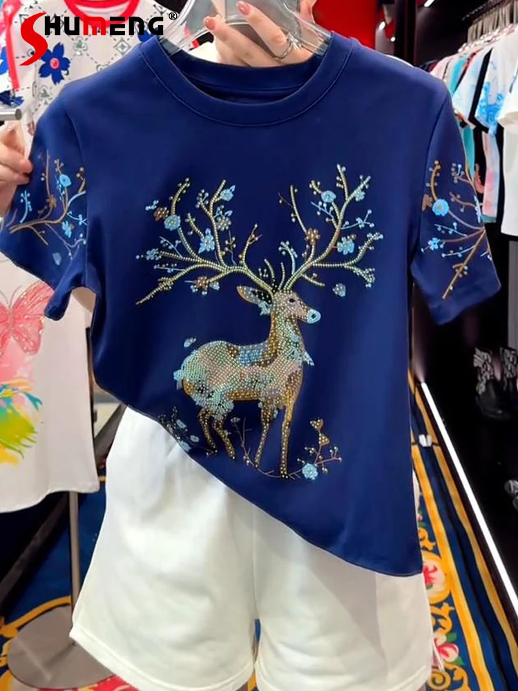 

High-end Hot Diamond Printing Round Neck Short-sleeve T-shirts Women's 2025 Summer New Fashion Tees Trendy Femininity Loose Tops