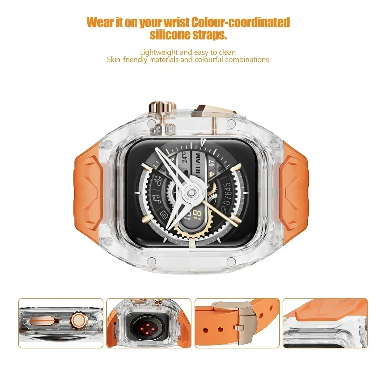 Luxury Modification Mod Kit for Apple Watch Band Case 8 7 45mm Transparent Bezel  TPU Strap for IWatch SE 6 5 4 44mm