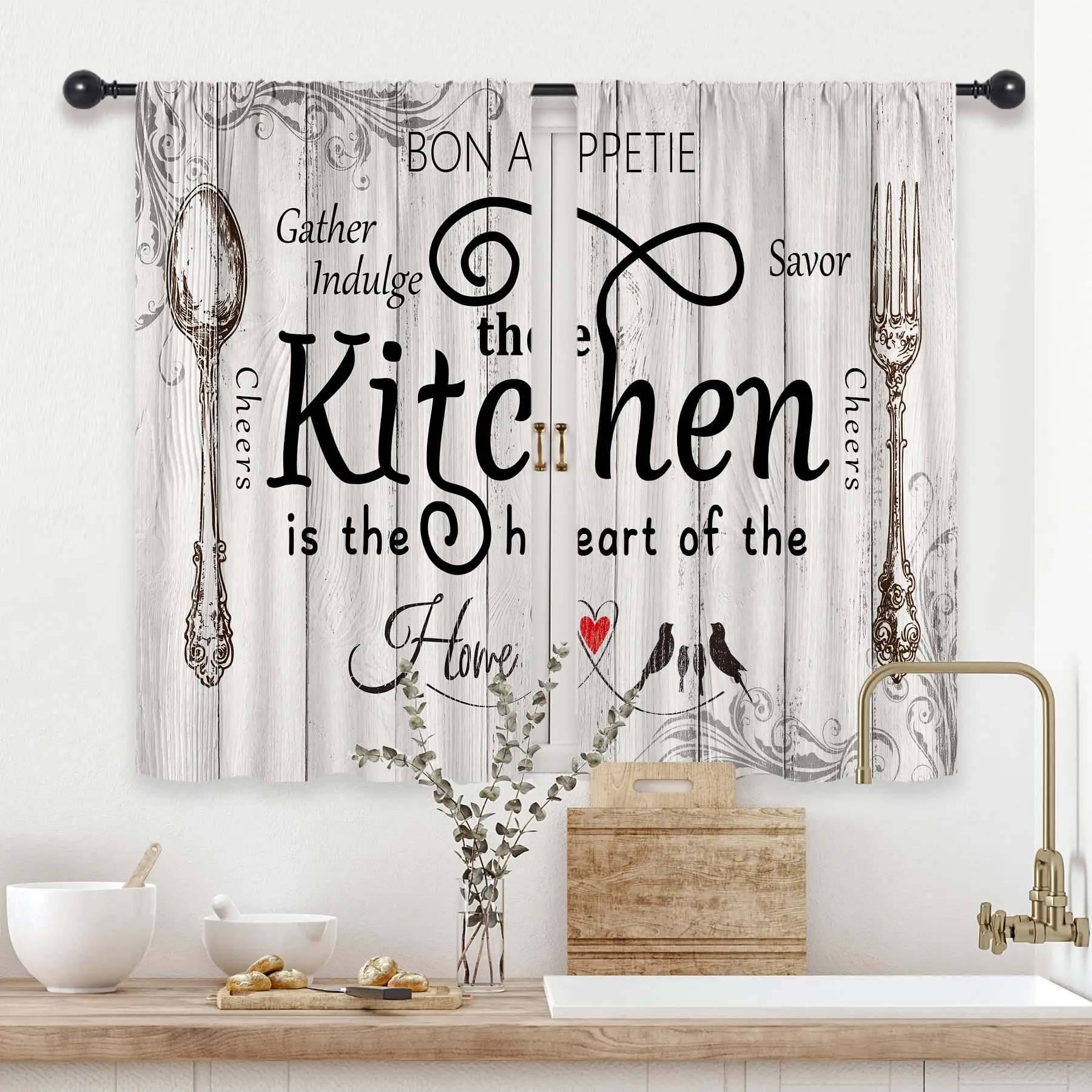 2 Pcs Farmhouse Rustic Vintage Country Wooden Board Small Window Kitchen Curtains for Bathroom Over Sink Light Filtering