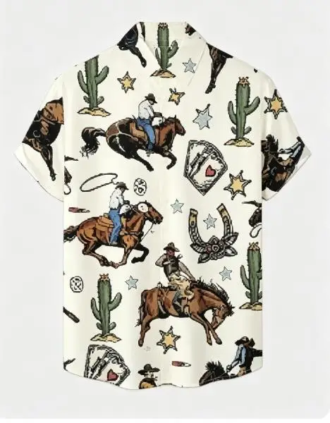 Men Western Cowboy Cactus Horse Retro Print Short Sleeve Shirt Lapel Button‑up Vacation Casual Top