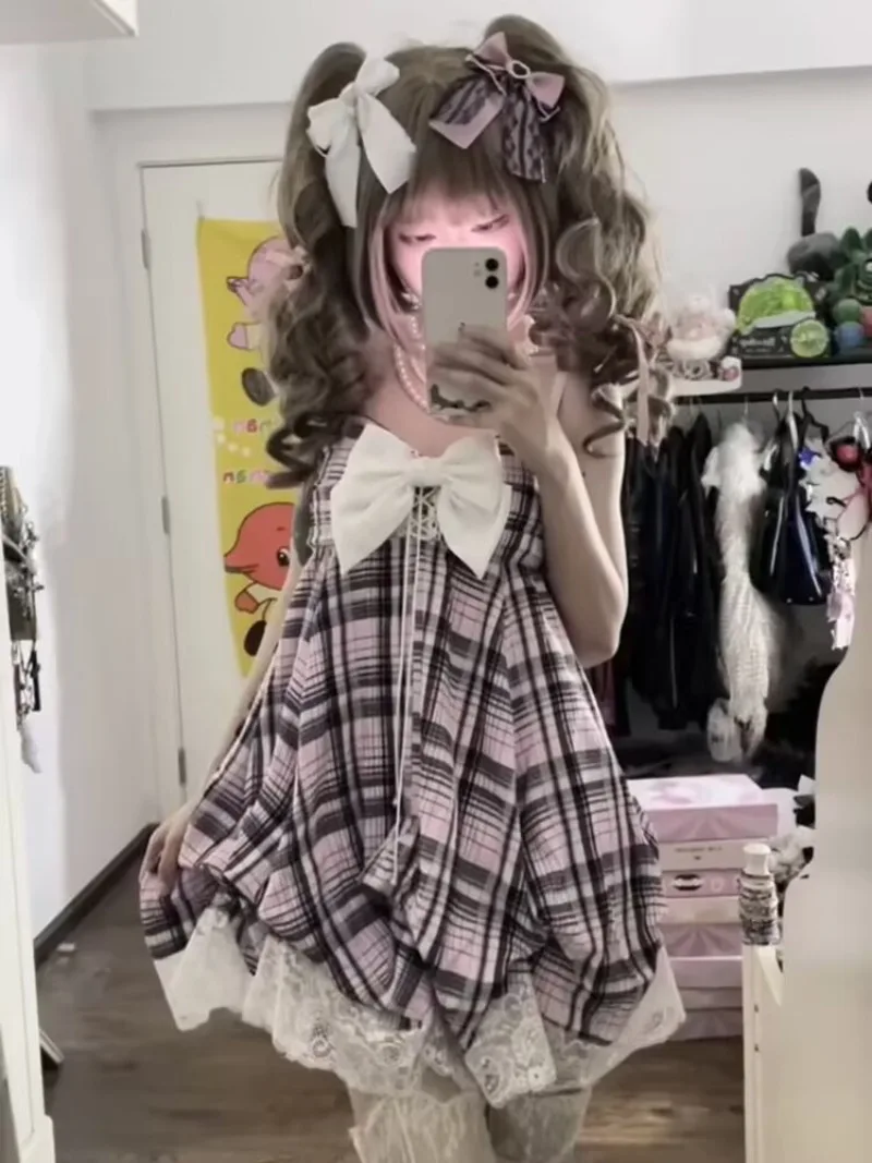 

Kawaii Cute Girl Summer Vintage Bow Sleeveless Waist Cinched Sweet Plaid Flower Bud Y2k New Dresses Birthday Dress for Women
