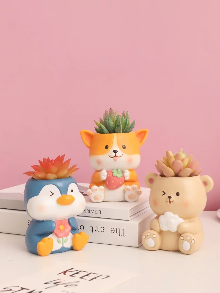 Cute Animal Planter for Succulents Plants, Resin Flower Pots Multifunctional Container Pencil Holder, for Home Office Decoration