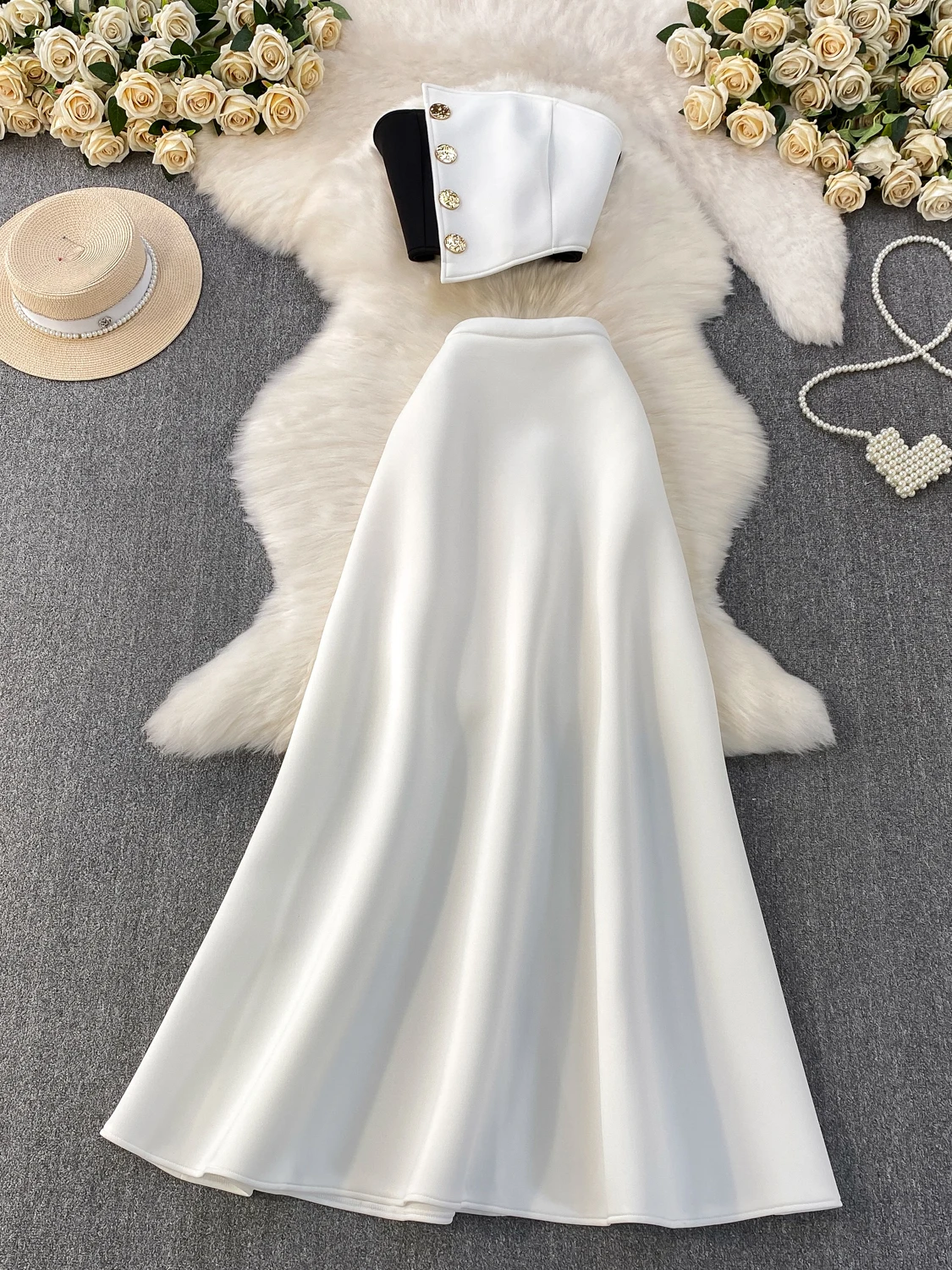 طقم مكون من قطعتين متوسط الطول للسيدات من Ele مع حمالة تخسيس معدنية باللون الأزرق Dr للخريف والشتاء عالي الخصر #1