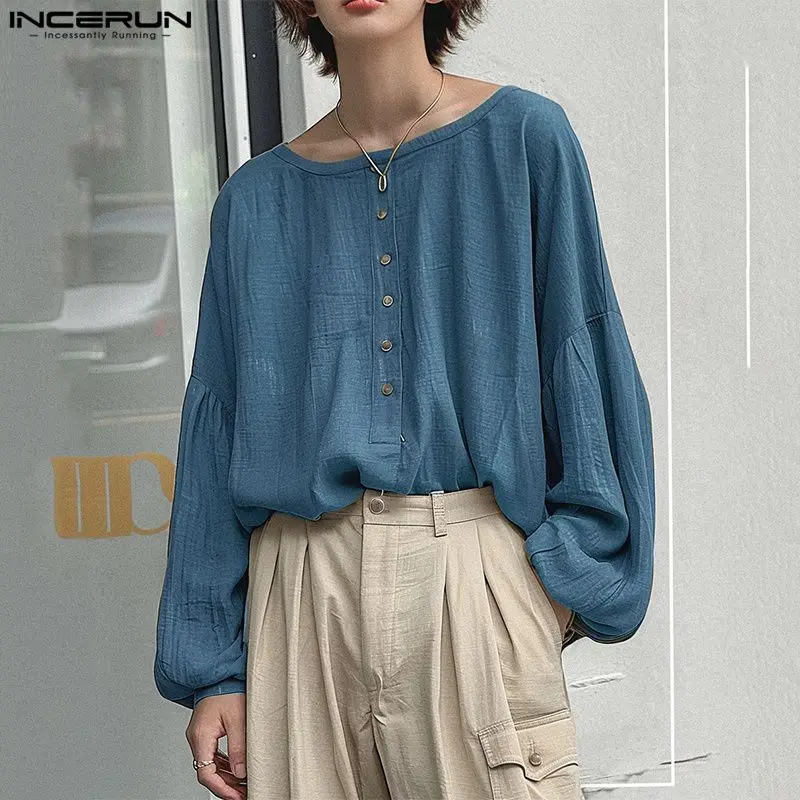 

INCERUN Tops 2024 Korean Style Handsome Men's Fashion O-neck Loose Shirt Casual Streetwear Personality Long Sleeved Blouse S-5XL