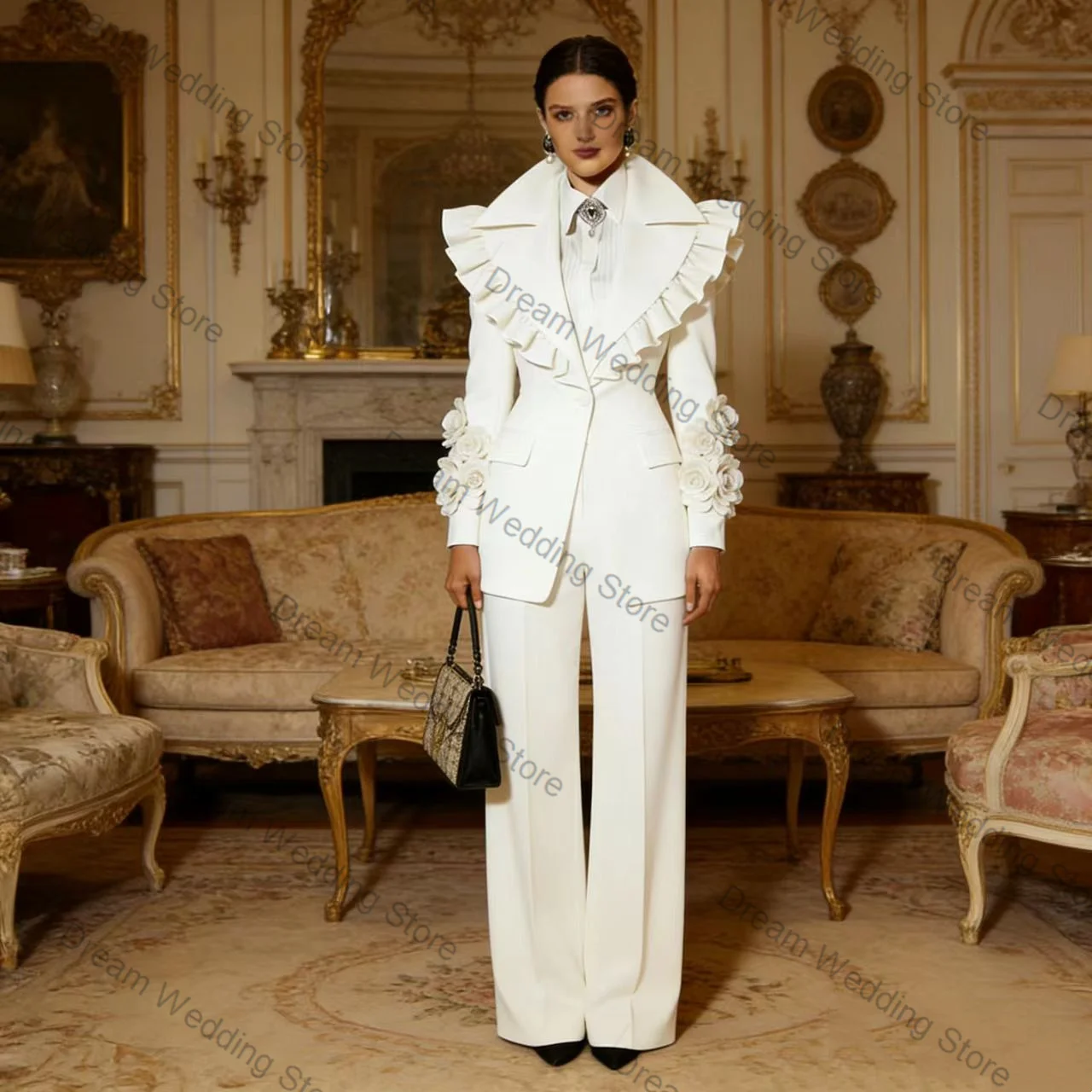 

Spring White Women Suit Set 2 Pcs Blazer+Pants 3D Flower Ruffles Collar Formal Office Lady Jacket Customized Wedding Guest Coat