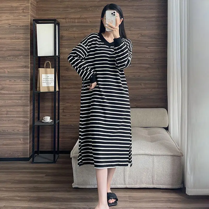 Hot 2025 Spring Autumn New Women Medium To Long Long Sleeve V-Neck Sleeping Skirt High Grade Striped Loose Dress Home Clothing
