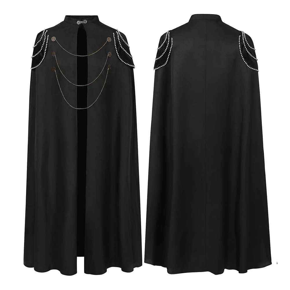 Men Women Medieval Vintage Hooded Loose Cloak Windproof Coats Bead Curtain Gear Chain Cosplay Costume Winter Long Cape