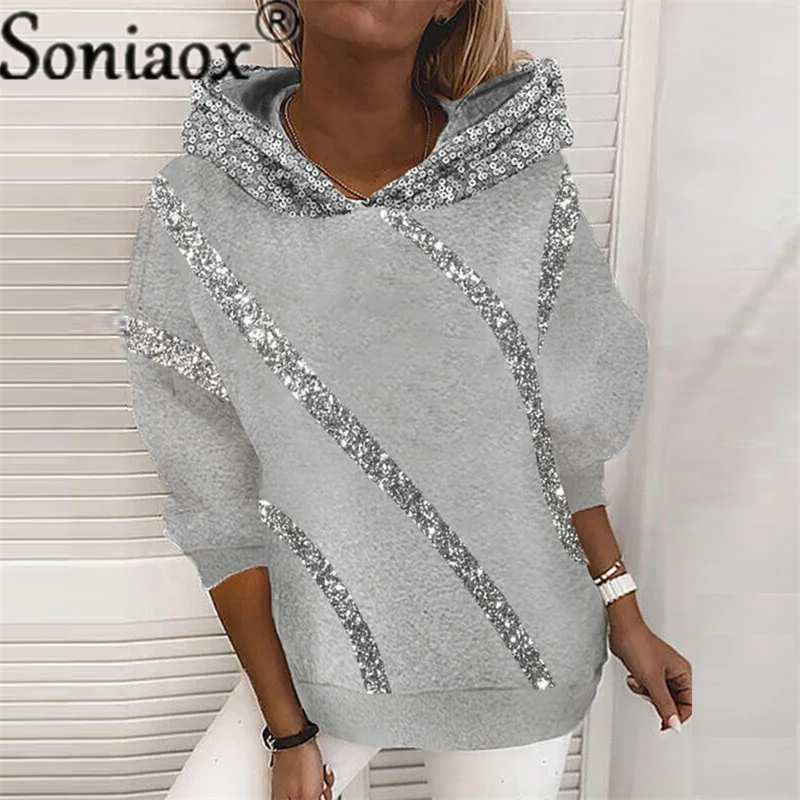 Vrouwen Sequin Print Sweatshirt Casual Lantaarn Mouw Konijnenbont Capuchon Trui Losse Warme Dikke Dames Splice Tops Hoodies Nieuwe