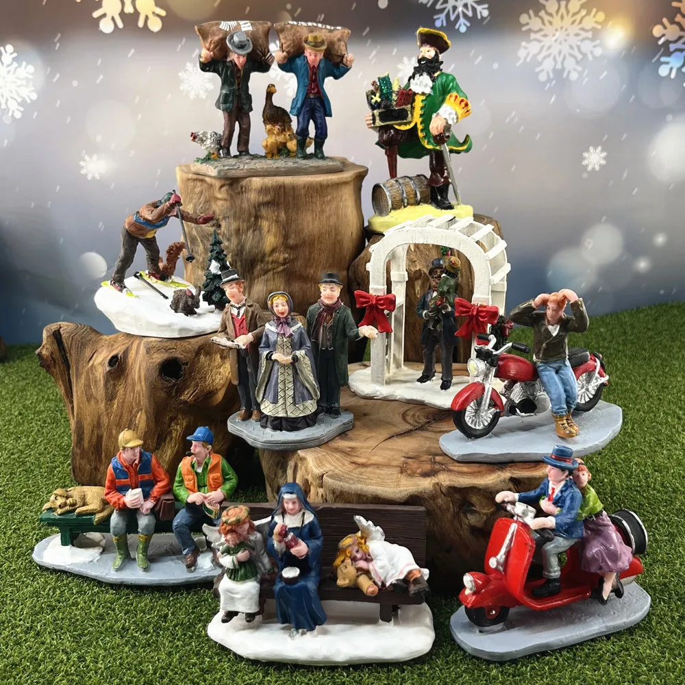Christmas Village Figurine Set, Pirate & Motorcycle Winter Scene Collectibles, Holiday Decor Ornaments, Gift & Home Decoration
