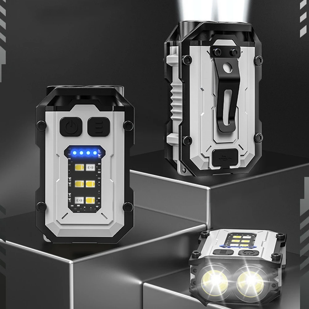 Mini Keychain Flashlight USB Charging Portable Keychain Light 300mAh LED Hat Clip Lamp Power Display for Camping Fishing Walking