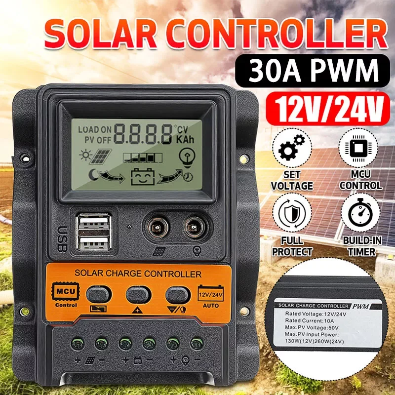 

Solar Panel 30A Battery Charge Controller 12V/24V LCD Regulator Dual USB PWM Battery Charging Units Electronics Accessories