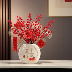 Peace Joy & Blessing Word Vase+Apricot Leaves Indoor Artificial Flower New Year Gift Set Lunar Chinese Festival Home Decoration