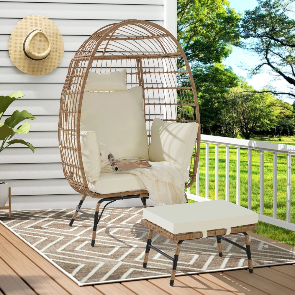 

Wicker Egg Chair,Rattan Egg Chair Indoor Outdoor,Oversized Large Egg Chairs 600lbs with Ottoman and Thick Cushions for Porch, Ba