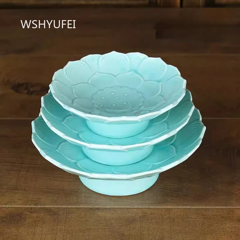 

Celadon lotus flower supply plate Longquan Plate The Buddhist temple enshrines ceramic high footed plates Green Tribute Plate