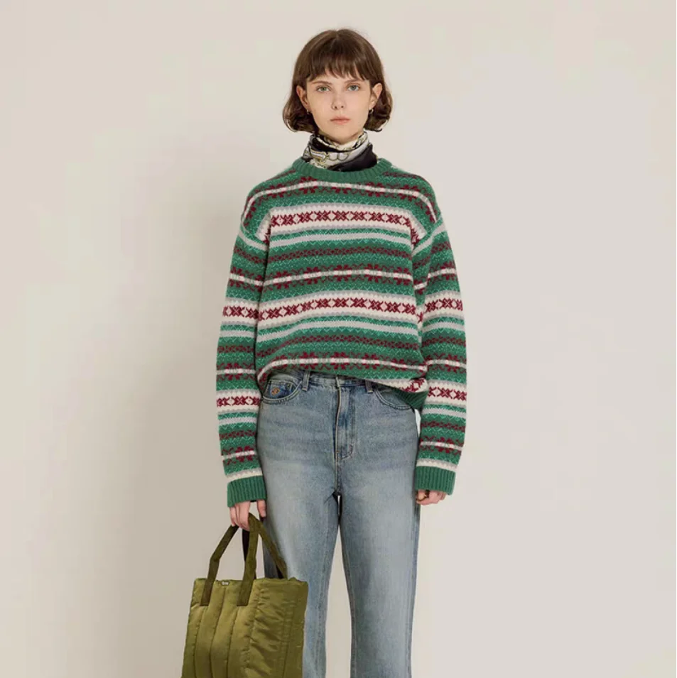 Sienne round Ne Maglione lavorato a maglia Ricamo pesante Casual Vestibilità ampia a righe Vintage Sle Collezione invernale esclusiva online