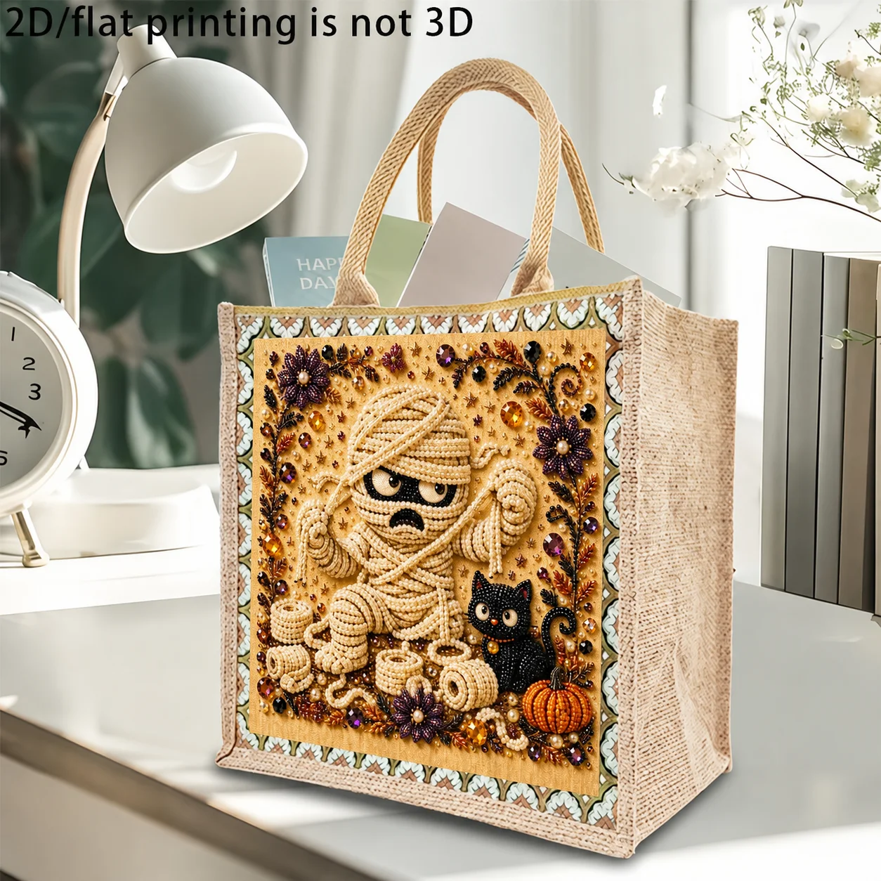 Reusable Shopping Bag Halloween DIY Diamond Painting Mummy Burlap Tote Handbag Large Capacity Eco Friendly Storage Shopper Bag
