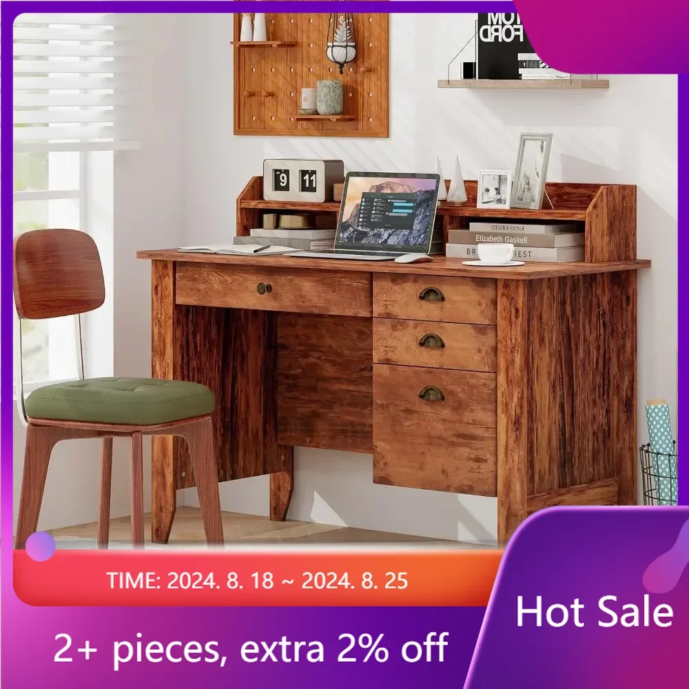 

48" Computer Desk With 4 Storage Drawers and Hutch Wood Executive Table for PC Laptop Lift Up Table Height Adjustable Desk Desks