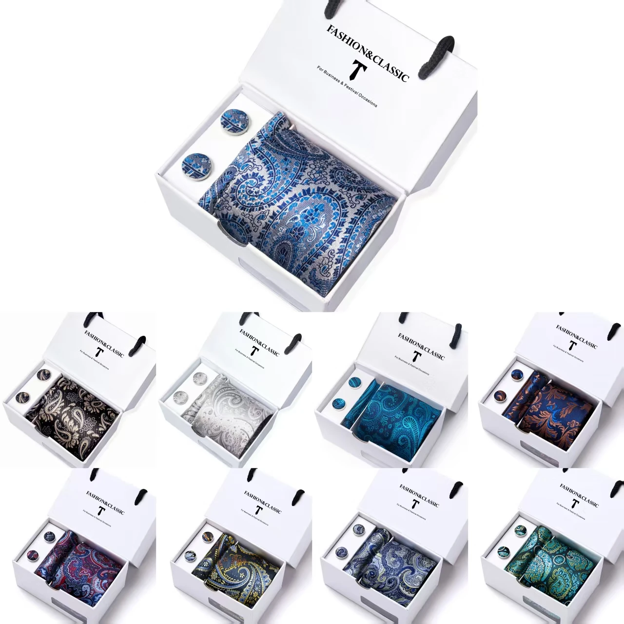 

Men's tie, pocket square, and cufflinks 3-piece set, romantic white drawer gift box, perfect for dates and Valentine's Day gifts