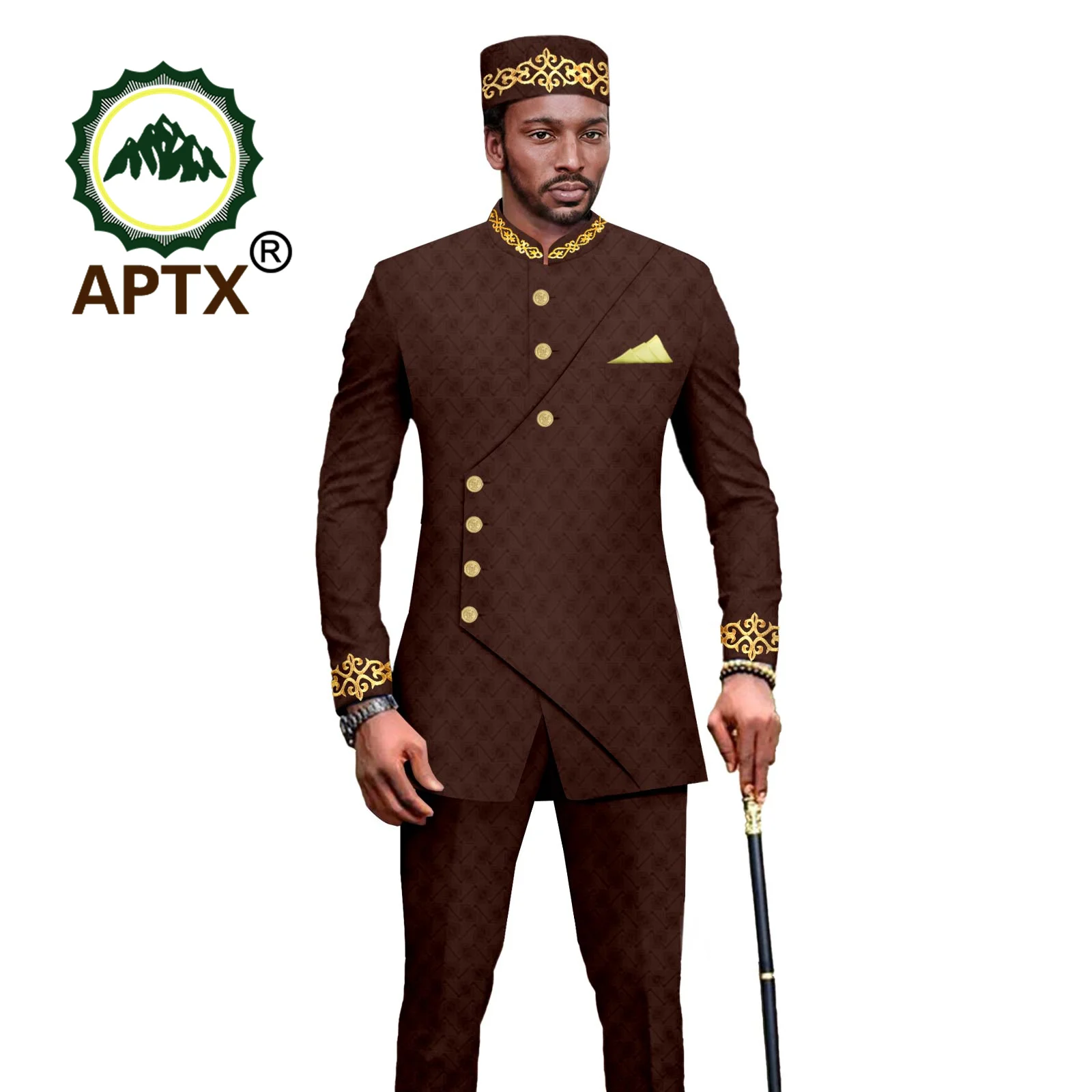 African Business Causal Suit for Men Bazin Riche Jacket and Trousers Match Hats 3 PCS Formal Wear for Wedding Attire A2316051