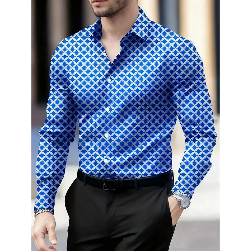 14-color men's long-sleeved high-definition geometric checkered pattern shirt, casual party business breathable lapel men's top