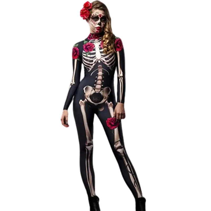 Women Girls Halloween Haunted House Themed Party Costume Long Sleeve Turtleneck Skeleton Rose Print Scary Sexy Jumpsuit Bodysuit