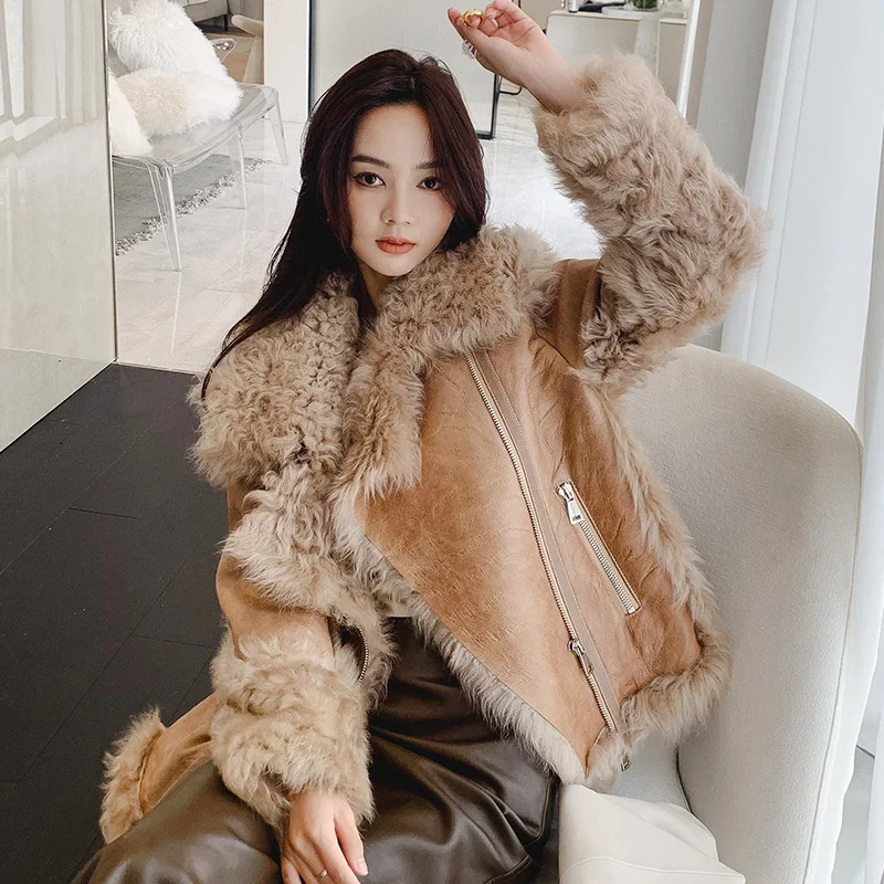 AYUNSUE Korean Sheepskin Genuine Leather Jacket Women Clothing Short Leather Coat Motorcycle Leather Coats and Jackets Zm1095