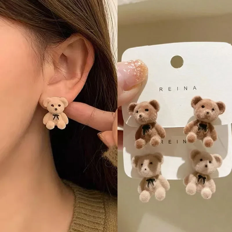 Cute Flocking Plush Bear Rabbit Stud Earrings for Women Trendy Fashion Brown Animal Bear Earring Jewelry Accessories Party Gifts