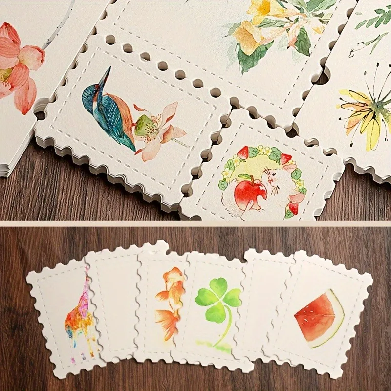 25PCS Artistic Hand-Painted Stamp Shaped Watercolor Paper, Blank Postcard Creative Card Bookmark, , Art Painting Supplies