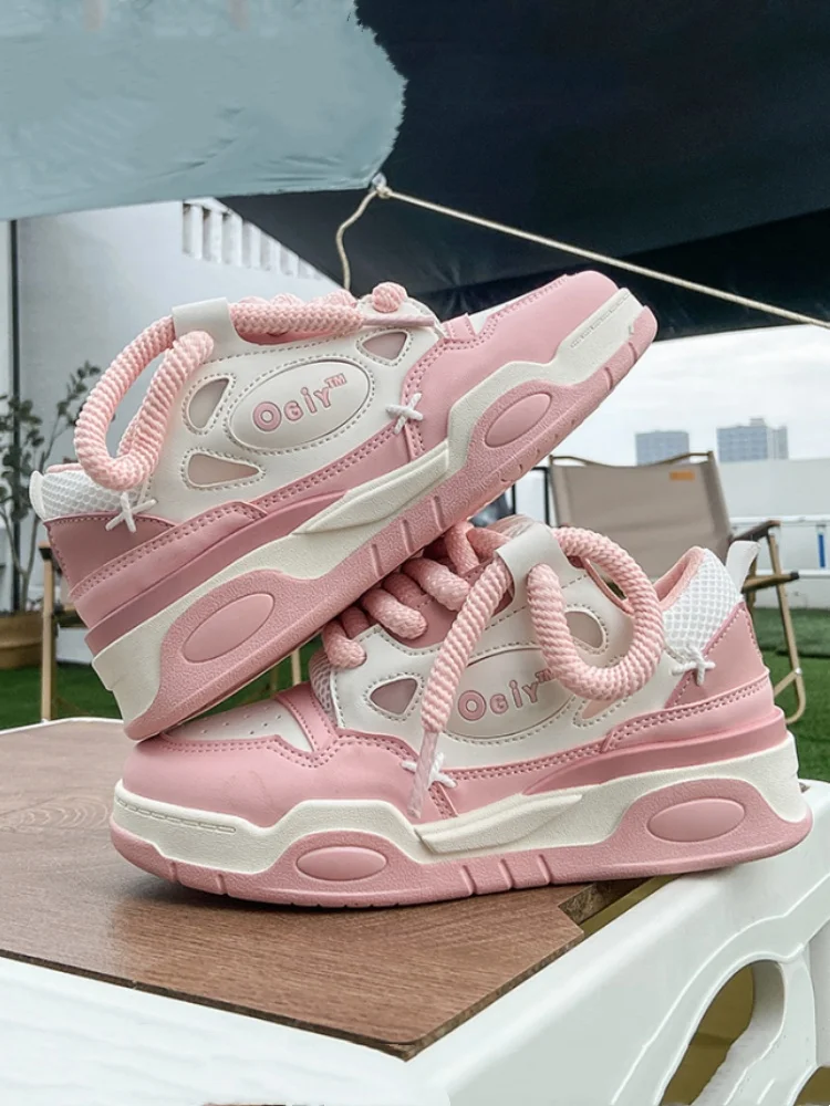 

Women's Pink White Casual Sneakers, Thick Sole Comfort Platform Shoes, Fashion Non-slip Lace-up Sports Shoes for Daily Walking,