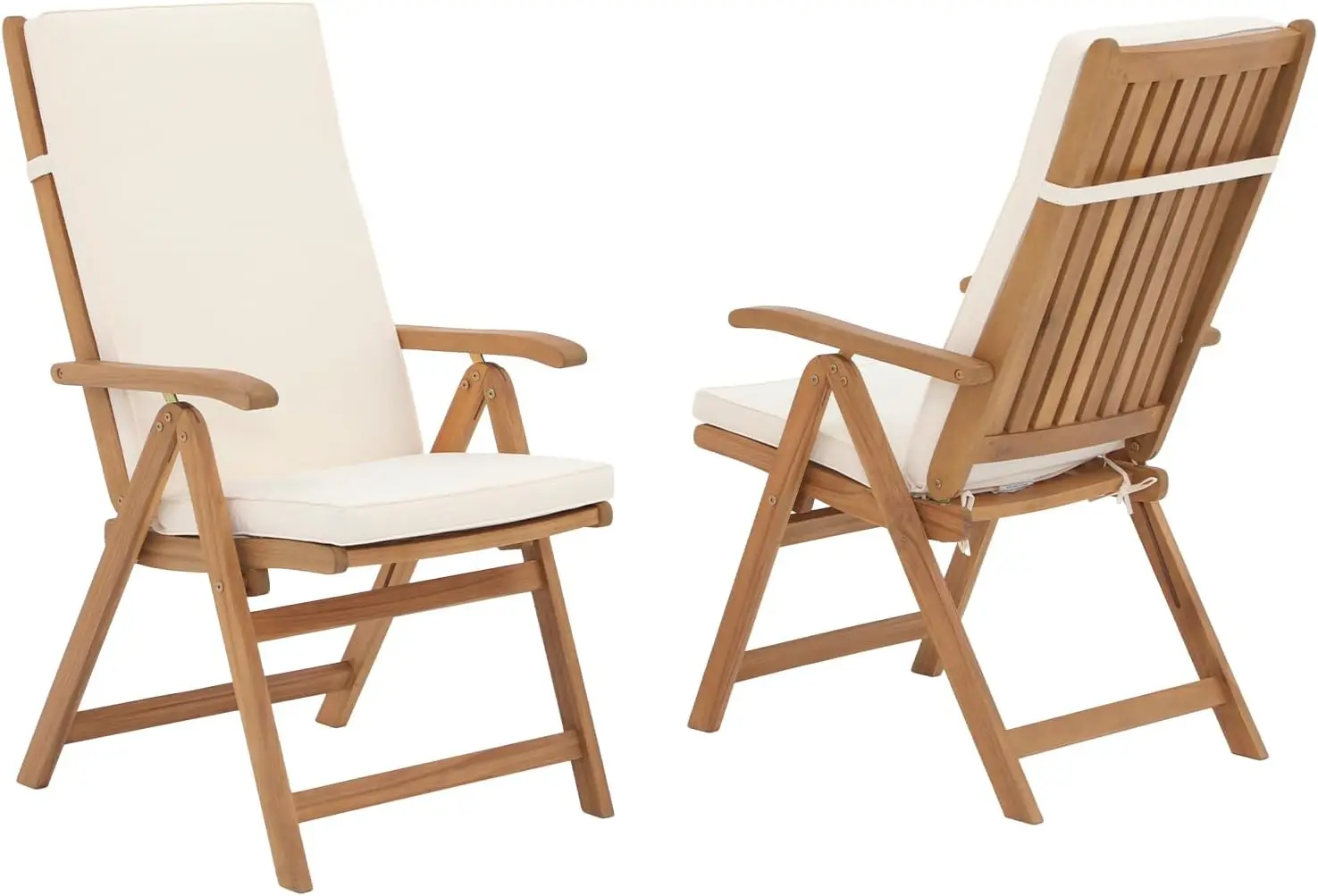 Folding Patio Dining Chair Set of 2, Wood Chair, Beige | Outdoor Solid Acacia Wood Reclining Chairs with Armrests