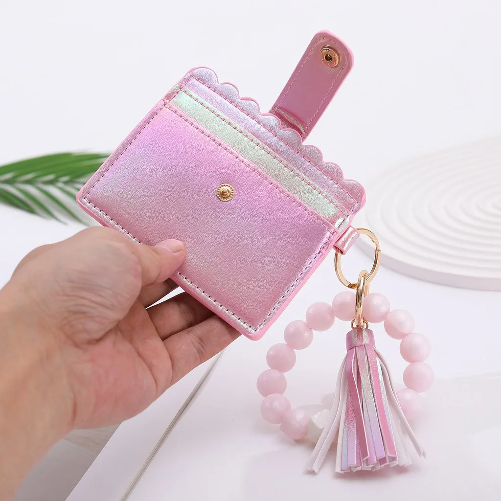 Tassel Keychain Delicate Pu Leather Card Holder Card Wallet Gradient Beaded Keychain For Hold Cards Hold Id Documents Daily Use