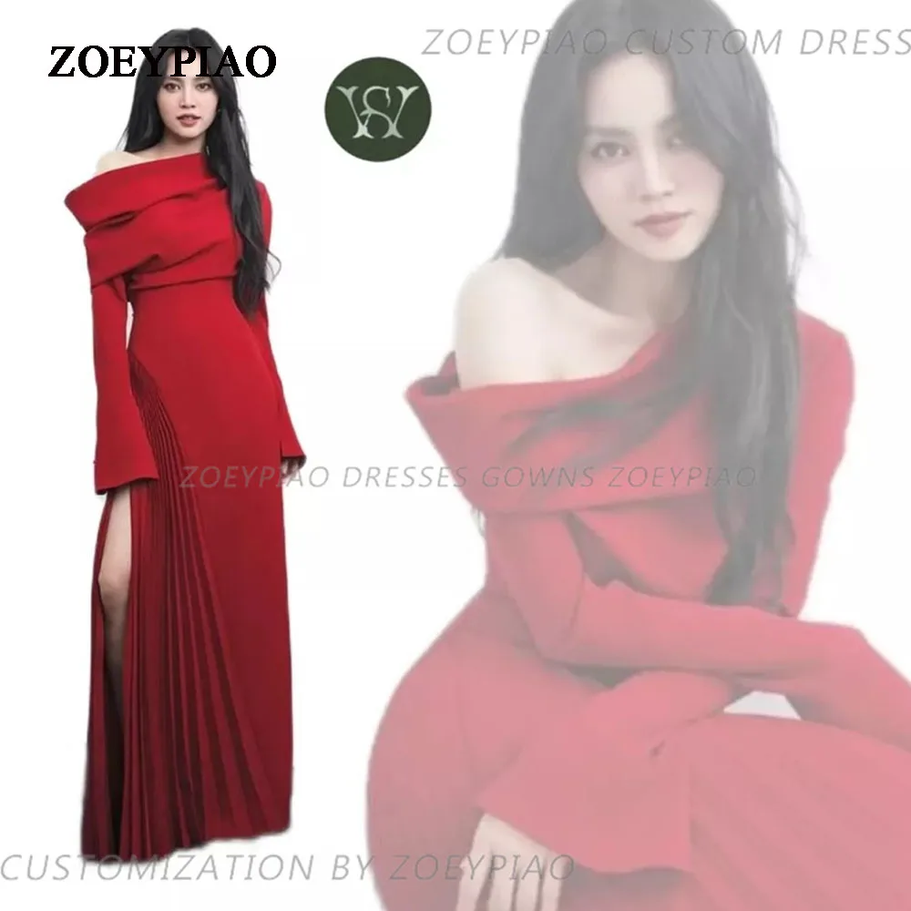 2024 Robe De Soiree gaun malam putri duyung merah gaun Lengan penuh belahan samping Matte Satin Vestidos untuk Fiesta De deria Y Noche