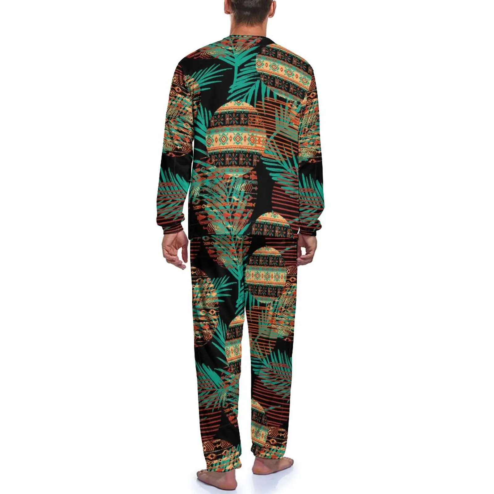 Pyjama mit Tribal-Print, Frühling, niedlich, ethnisch, Freizeit-Nachtwäsche, Herren, 2-teilig, individuelles, langärmliges, elegantes Pyjama-Set