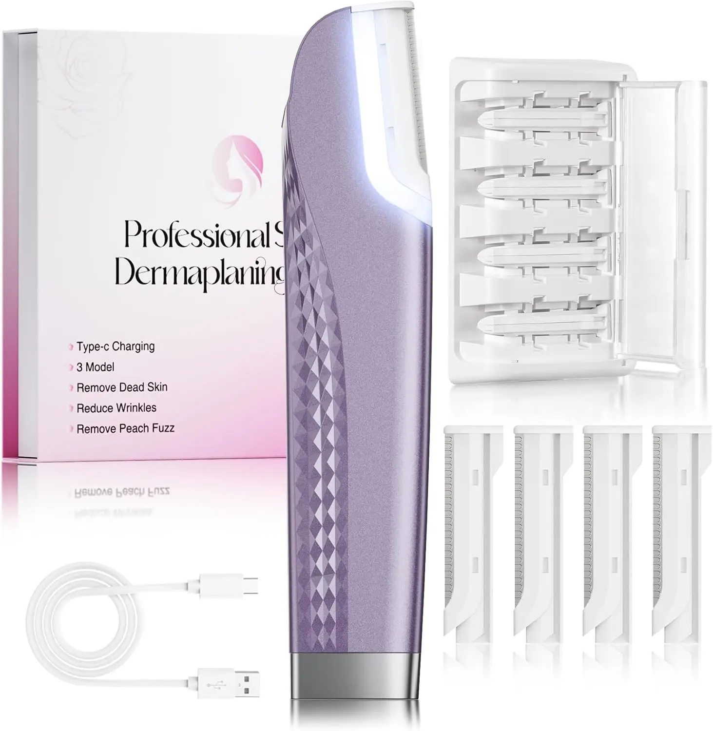 

Перезаряжаемый прибор для удаления волос на лице со светодиодной подсветкой, 3 регулируемыми настройками и 8 лезвиями для женщин