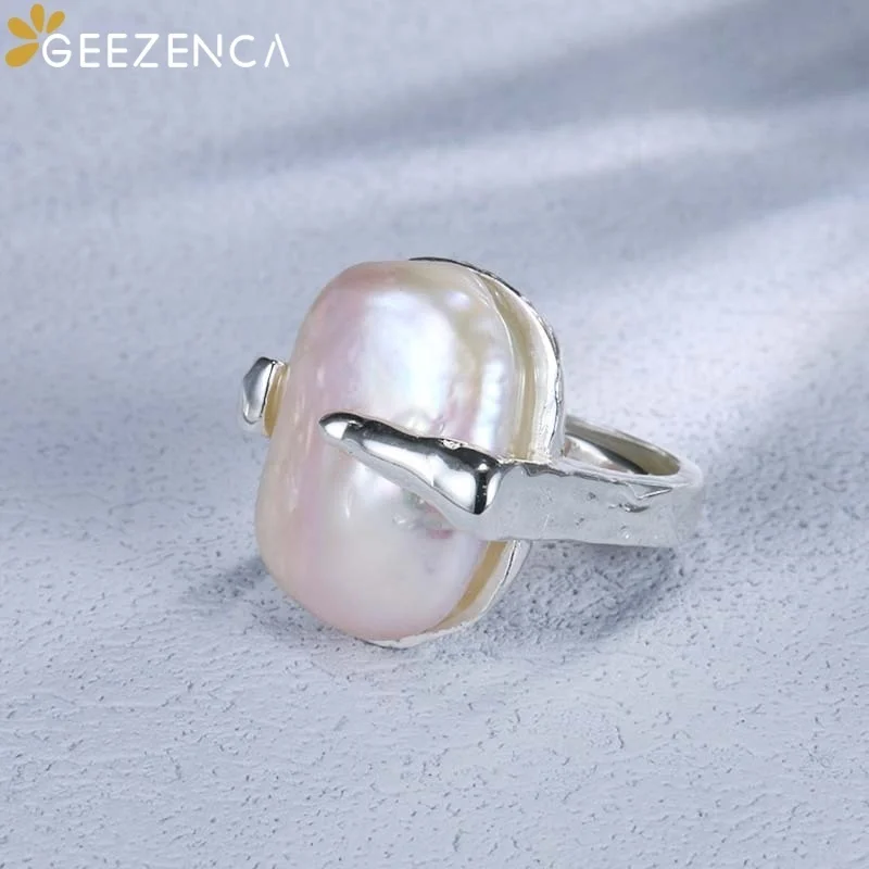 

GEEZENCA Большой жемчуг в стиле барокко, стерлинговое серебро 925 пробы, открытые коктейльные кольца для женщин, широкое, простое, модное, массивное, эффектное кольцо, подарок на вечеринку