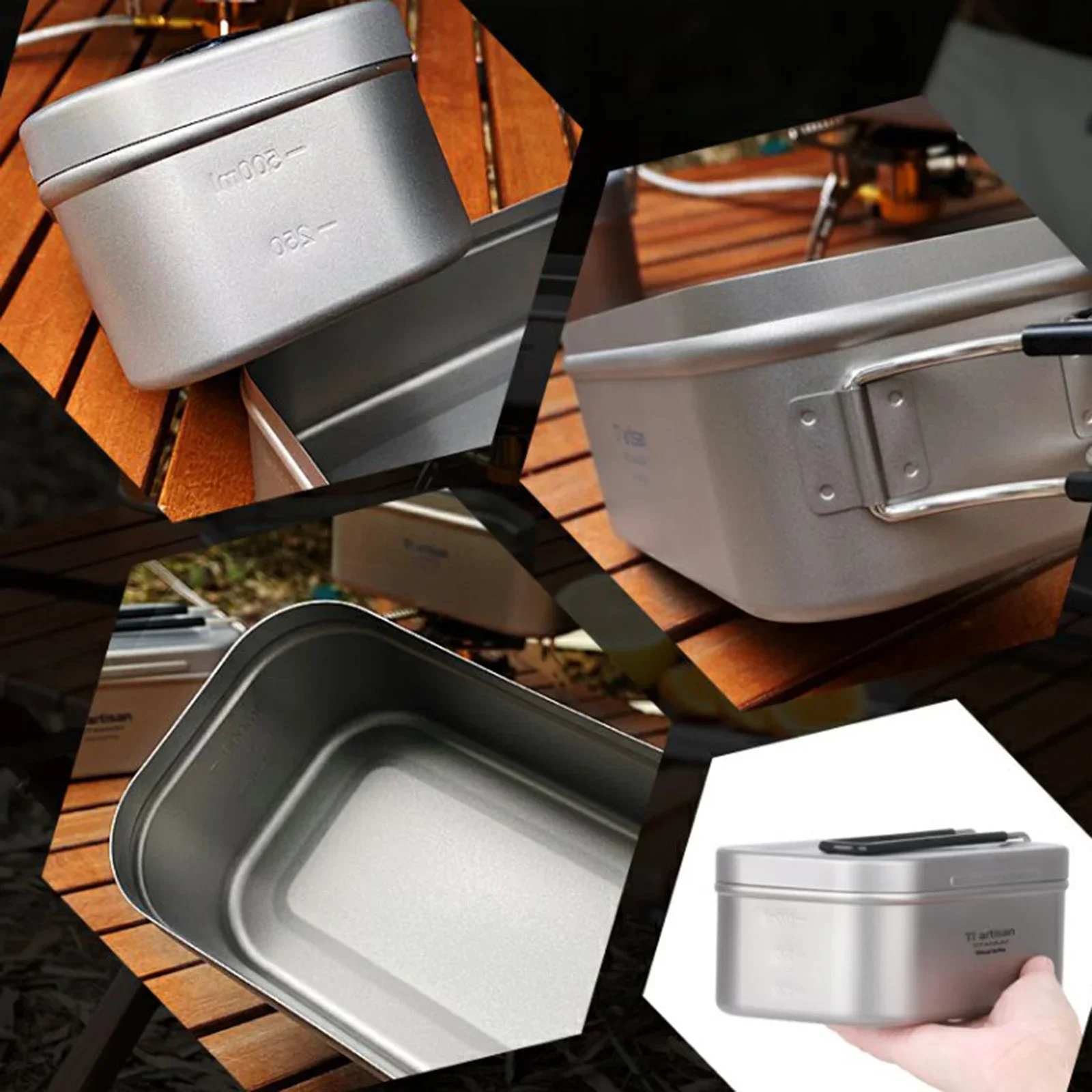 1 Set 800ML Titanium Lunch Box Camping Food Container Tin Box With Steaming Rack Foldable Grab Handle With Storage Sack