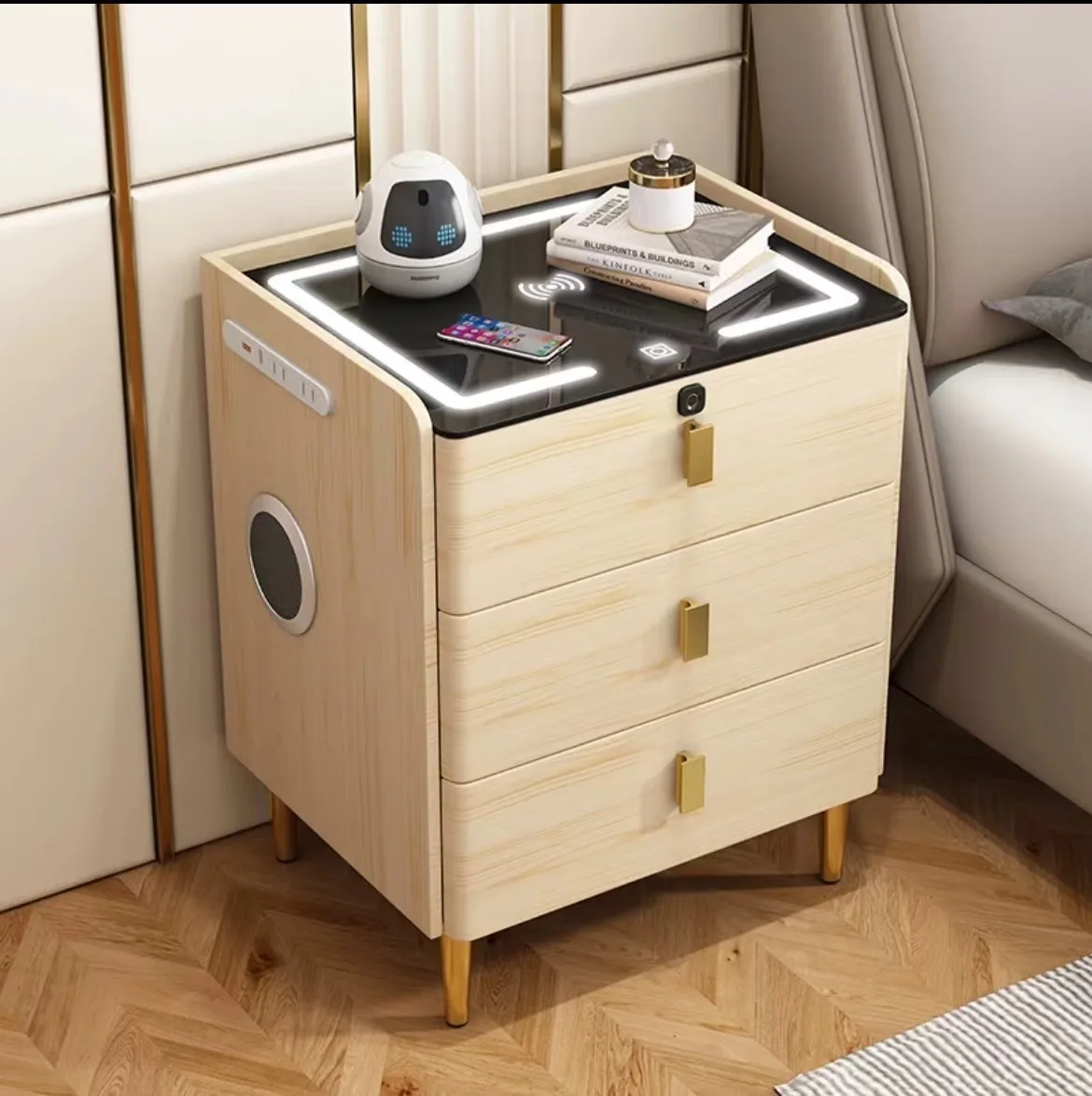 طاولة بجانب السرير الذكية للمشاهير على الإنترنت من الخشب الصلب بالكامل، تخزين بجانب السرير لغرفة النوم المنزلية مع قفل خفيف فاخر وحديث وبسيط