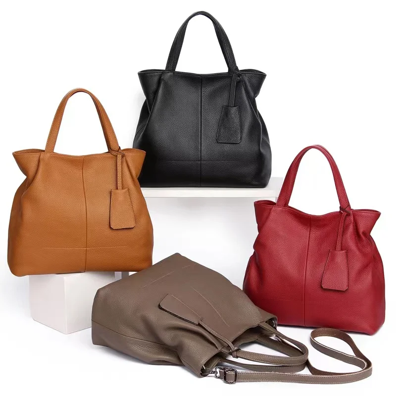 New Genuine Leather Women\'s Bag Large Capacity Shopping Bag Simple Handbag First Layer Cowhide One Shoulder Crossbody Bag