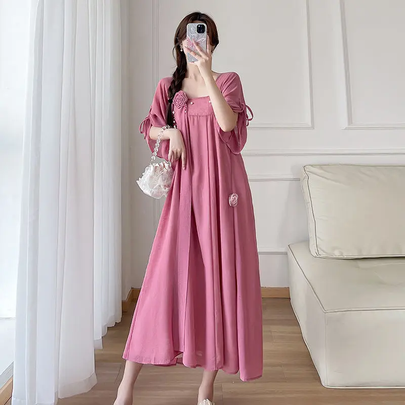 Creative New Maternity Clothing Summer Clothing Retro Pregnant Women's Improved Hanfu Square Collar Medium length Dress LH136