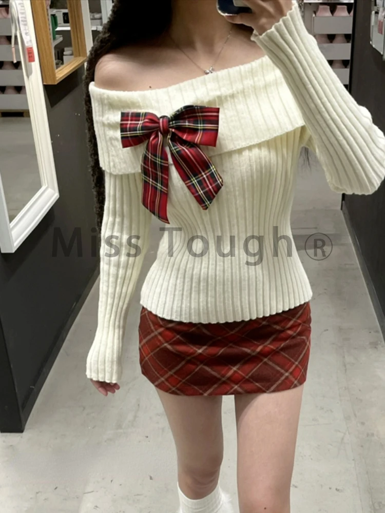 Autumn Sweet Knitted New Two Piece Sets Women Cute Bow Sweater Tops + Retro Plaid Mini Skirt Pretty Harajuku Y2k Kawaii Set 2024