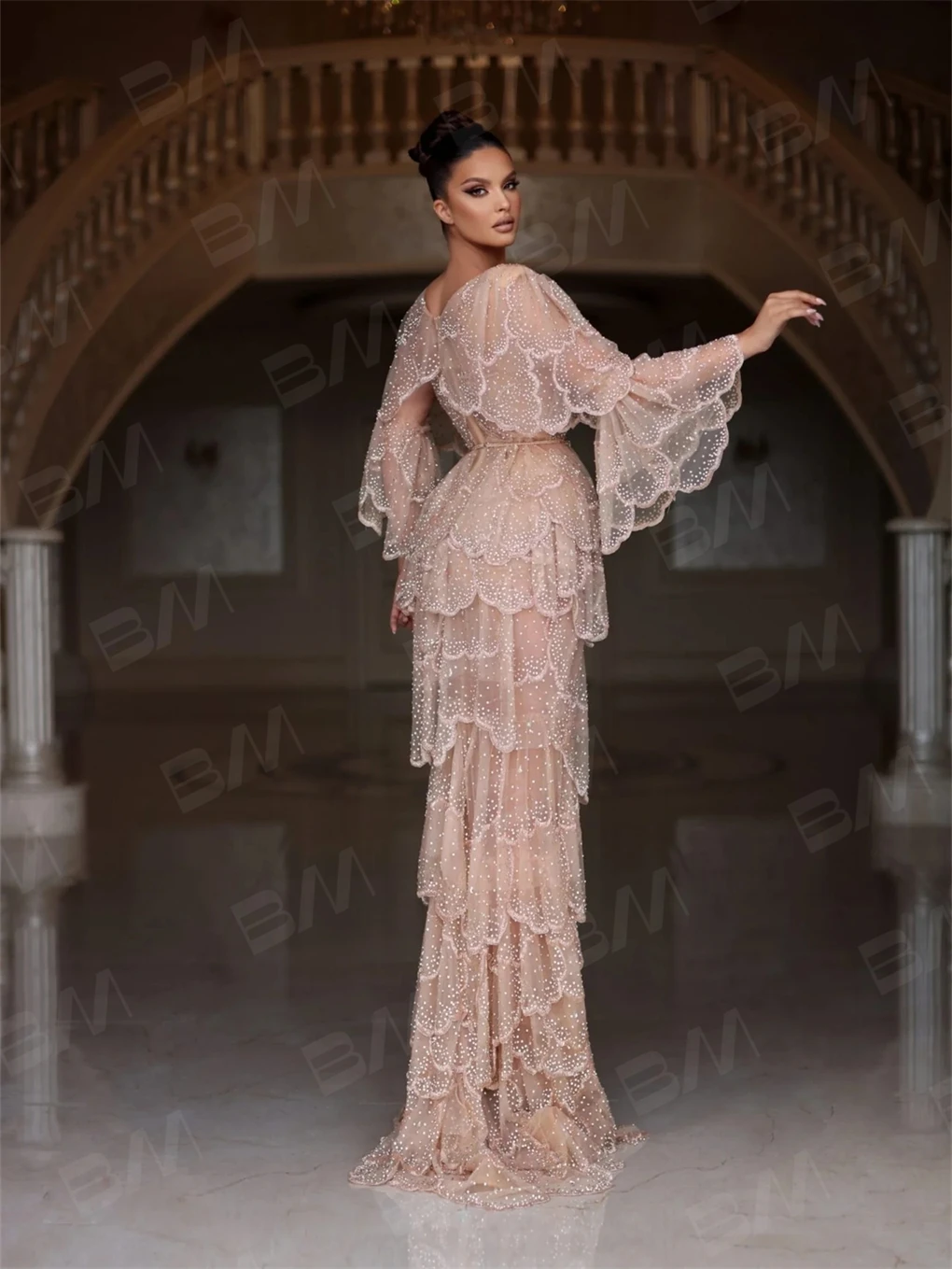 Flare Sleeve Mermaid Luxury Beaded Evening Dress Rhinestone Crystal Women Prom Dresses Sexy Party Gown Vestidos De Gala