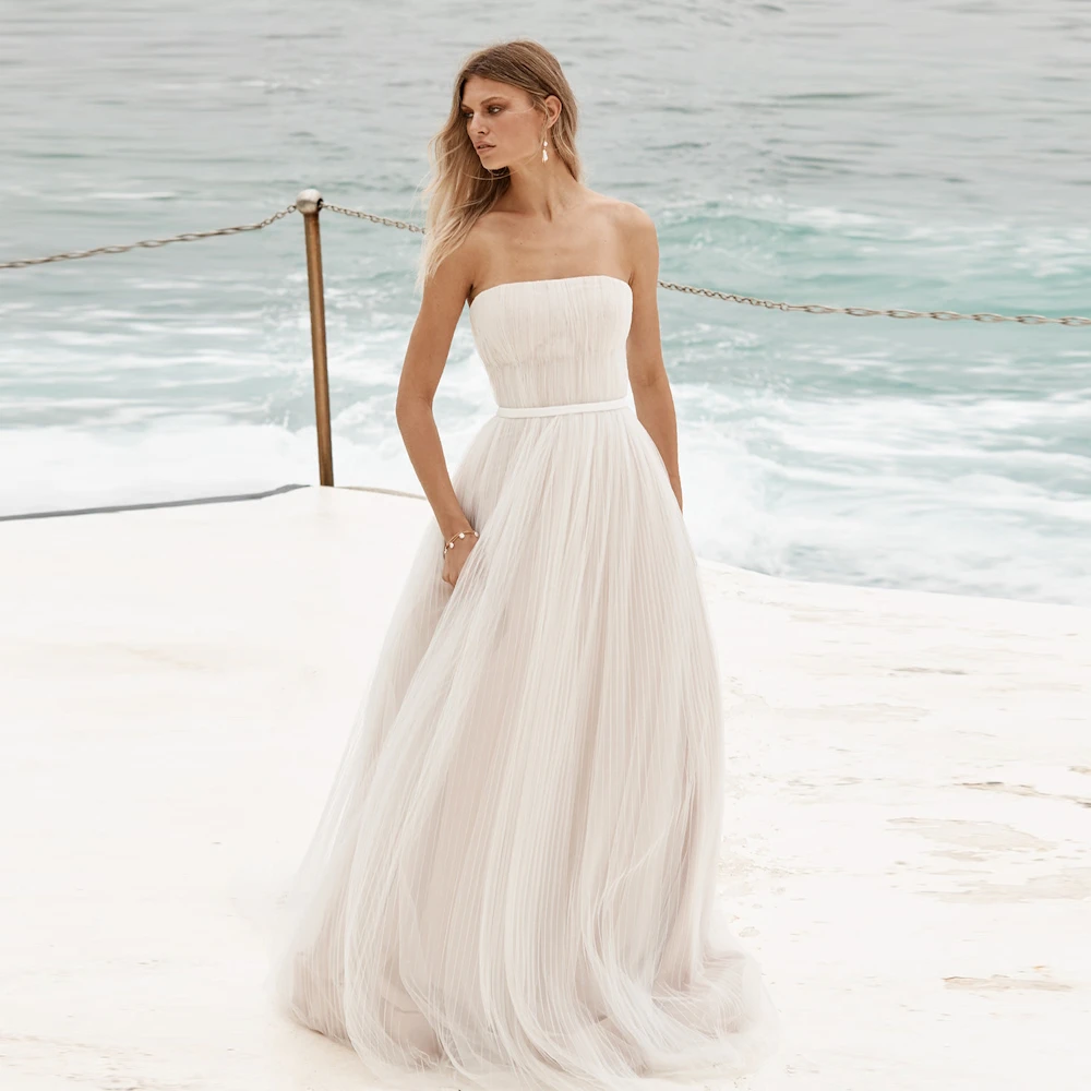 

Muloong Simple Strapless Wedding Dresses For Women Pleated Tulle Floor Length Minimalist Korea Bride Gowns Formal New 2023