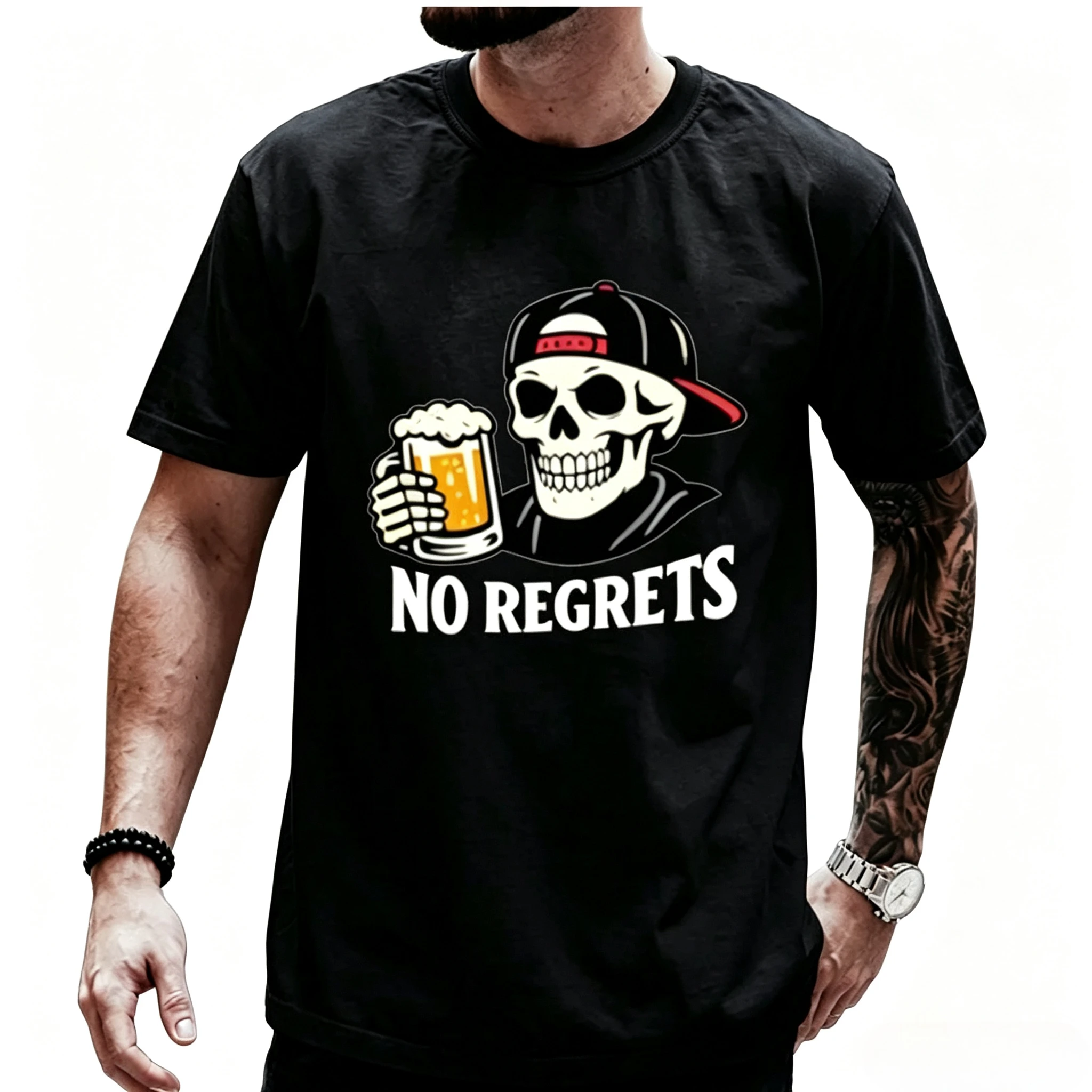 Modal Men T‑Shirt No Regrets Skull Beer Graphic Print Short Sleeve O‑Neck Casual Loose Tee Summer Daily Wear Men's Tops