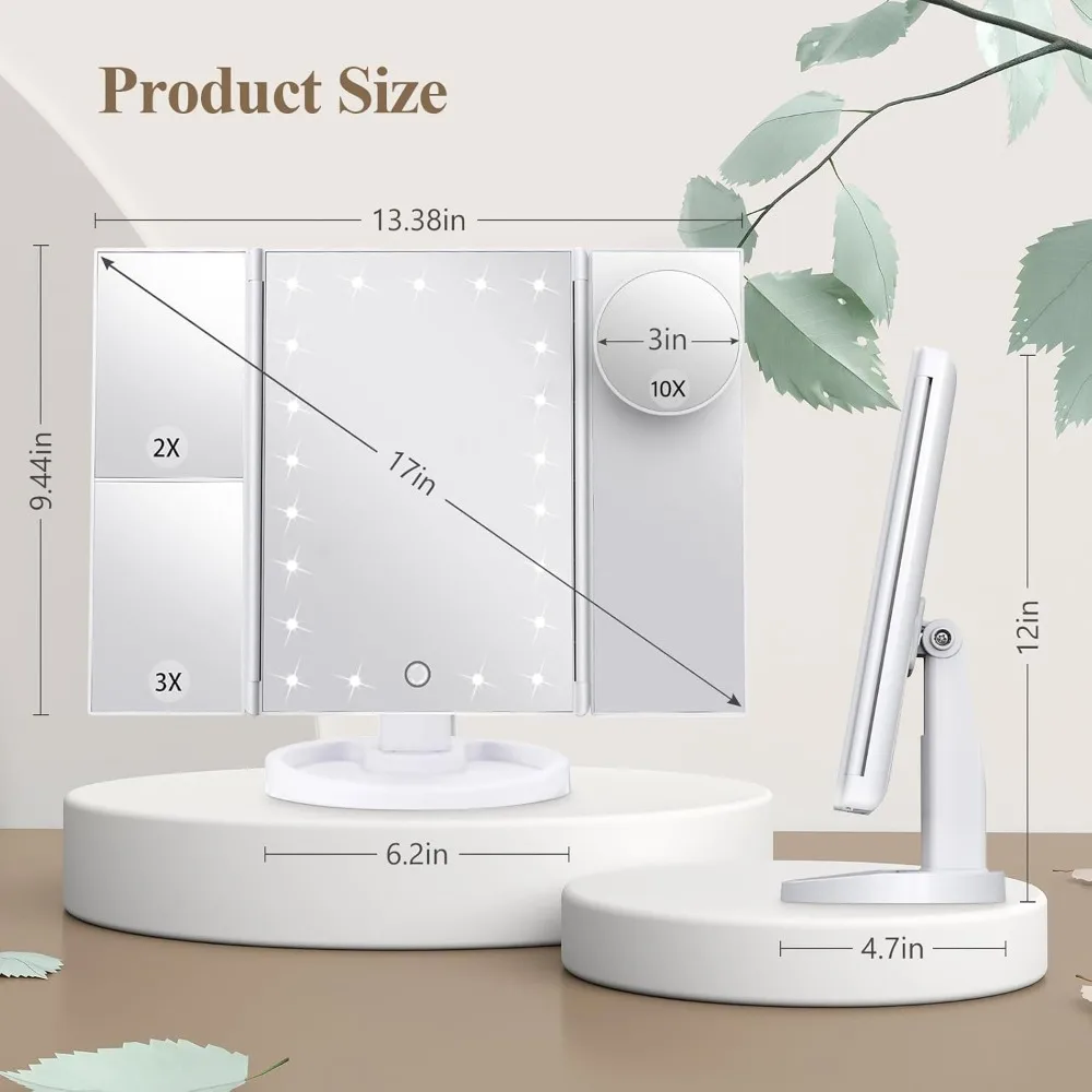 Specchio per trucco cosmetico con luce Ingrandimento 2X/3X/10X Specchio cosmetico illuminato Touch Control Trifold Doppia alimentazione Portatile