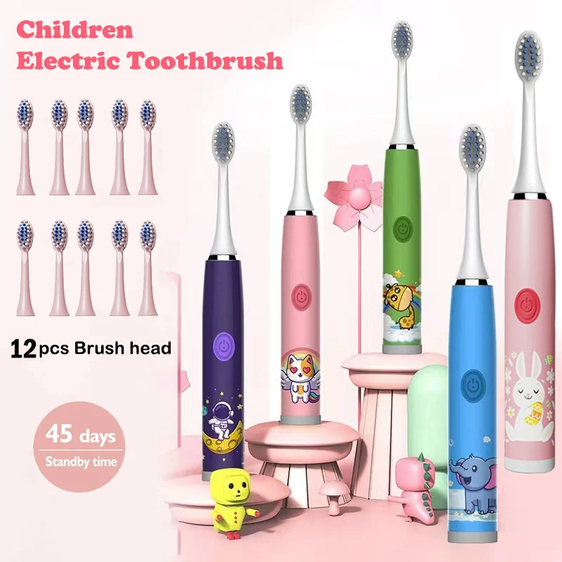 Children Sonic Electric Toothbrush Colorful Cartoon For Kids Rechargeable Soft Fur Automatic Waterproof With 12Replacement Heads