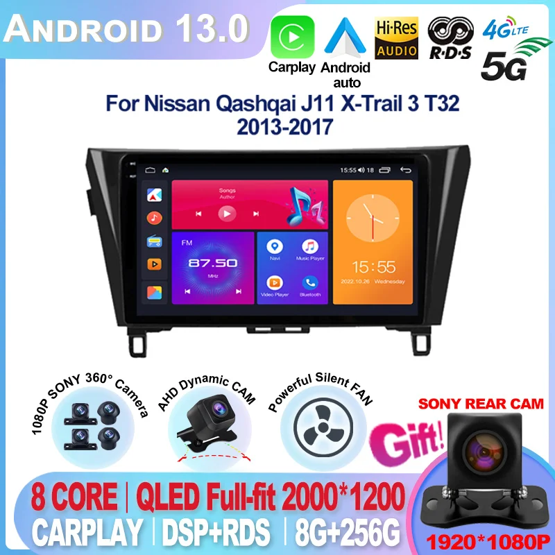 

For Nissan Qashqai J11 X-Trail 3 T32 2013 - 2020 Android 13 Car Radio Multimedia autoradio Carplay GPS Stereo Navigator 2 din